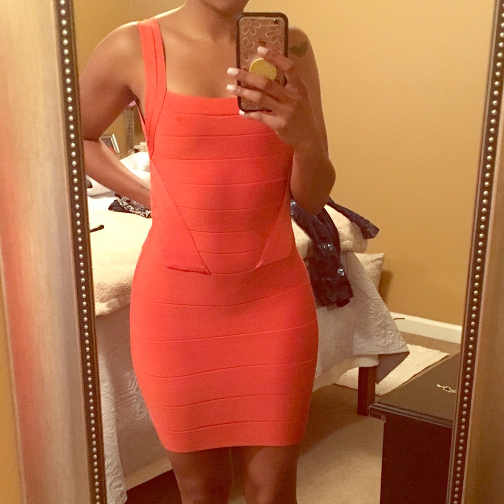 Bright coral Bebe bandage dress